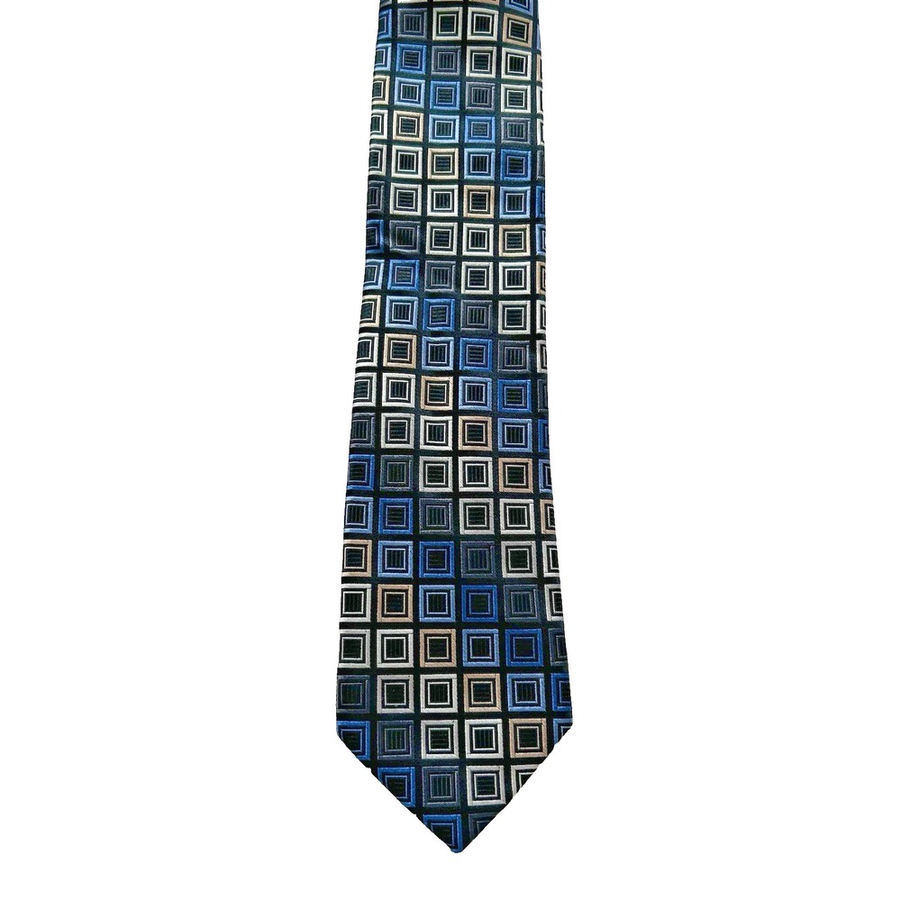 Michael Kors‎ Silk Black Blue White Tan Geometric Squares Mens Tie 3" x 57.75"